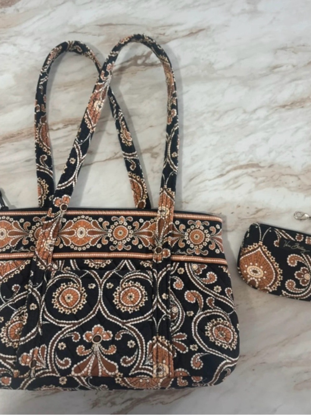 Vera Bradley Black, Brown and Cream Paisley Quilted Shoulder Bag with Coin Pouch